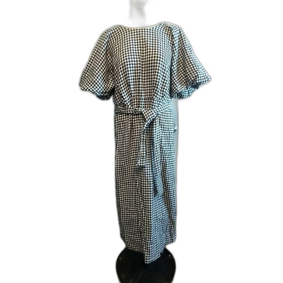 Zara Belted Houndstooth Midi Dress Pouf Sleeves L Academia Preppy Old Money - Picture 2 of 6